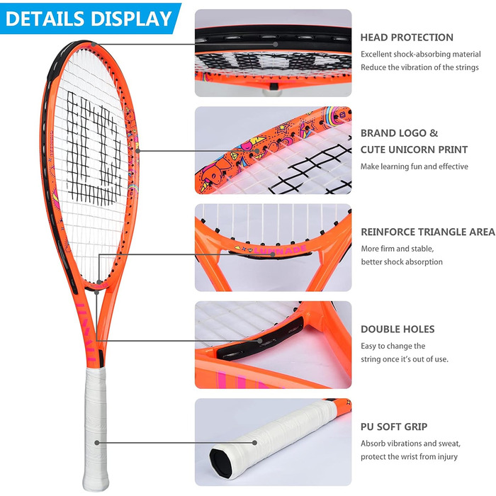 Lunnade Kids Tennis Racket Set - Junior Tennis Racquets for Boys & Girls Ages 3-12 with Cover (Orange, 2-Pack, 25 Inch)