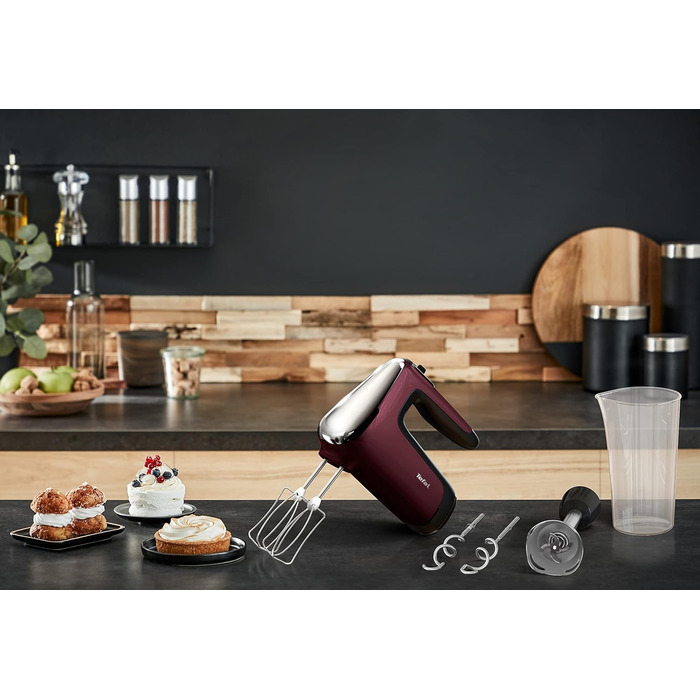 Міксер ручний Tefal Powermix Silence HT6525, 600 Вт, 5 швидкостей + турбо, червоний, 2 вінчики та 2 гачки з нержавійки, насадка-блендер, комплект