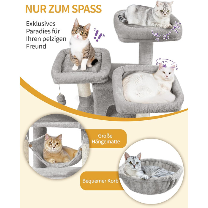 Кігтеточка для котів Hzuaneri, 176 см, XL, 3 платформи, 2 печери, 7 стовпчиків, гамак, плюшеві кульки, для багатокотових домівок, MS17618SG (Світло-сірий)
