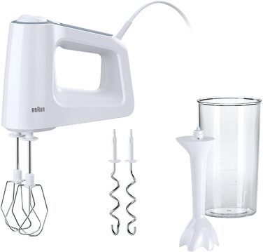 Braun MultiMix 3 HM 3105 Hand Mixer – Handheld Mixer with 5 Speed Settings & Turbo Function, including Whisk, Dough Hooks, Immersion Blender, and 600 ml Mixing and Measuring Cup, 500 Watts, White. MultiMix 3 - includes Whisk, Dough Hooks, Immersion Blender & Mixing and Measuring Cup