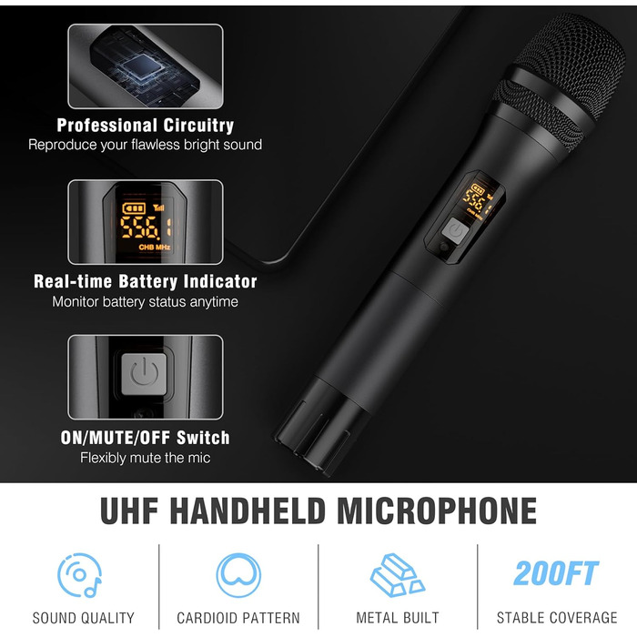 Бездротові мікрофони: комплект 2 шт. з приймачем, UHF, 60м, для вечірок, конференцій, караоке (сірий)