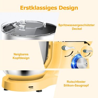 Кухонна машина AUMATE 1400 Вт, планетарний міксер з чашею 6,2 л, тістоміс з набором насадок (гак, вінчик, міксер), 6 швидкостей, лимонний колір