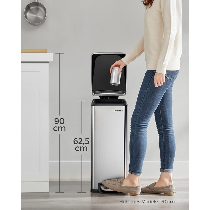 Степле́р SONGMICS для кухні, 48 літрів, вузький, з м'яким закриттям, з відром, з нержавіючої сталі, 15 мішків у комплекті, сріблястий