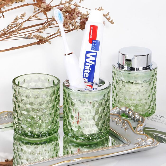 Pink bathroom accessory set made of glass, including a toothbrush holder, soap dispenser, and cup, a foaming soap dispenser, and a toothbrush holder, 3 pink bathroom cups for brush and toothpaste (green and silver).