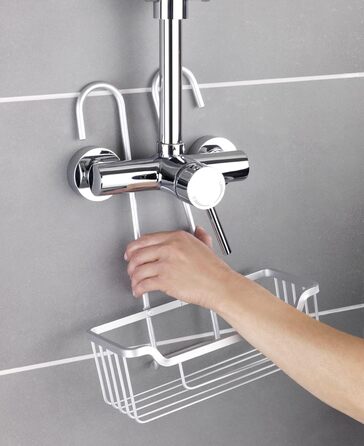 WENKO Thermostat-Dusch-Caddy Milo, Shower Caddy for Hanging on the Faucet, Shelf Made of Aluminum (Rust-Proof), 25 x 36 x 14 cm