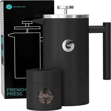 Френч-прес Coffee Gator 1 л з термокружкою, з нержавіючої сталі, для дому, офісу, кемпінгу, чорний