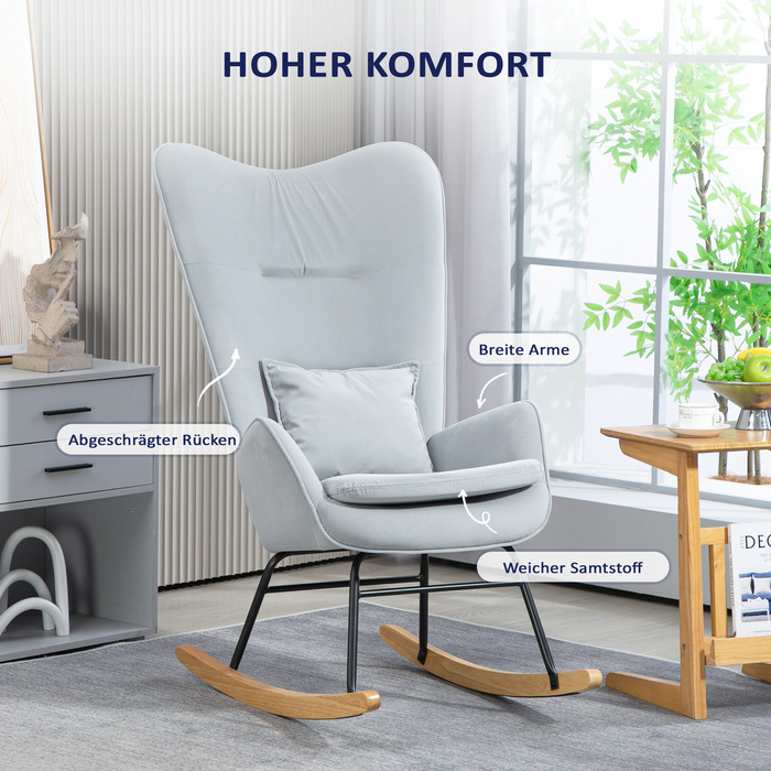 Крісло-гойдалка HOMCOM, крісло-качалка з підлокітниками, крісло для відпочинку з оксамитовою оббивкою, крісло-гойдалка з максимальною вантажопідйомністю 120 кг для спальні, вітальні, світло-сірого кольору | Aosom