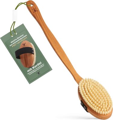 Premium Bath Brush/Body Brush – FSC certified, natural bristles (sisal & horsehair) & cord – body brush with long handle for back, dry & wet brush – 100% Made in Germany (SOFT bristles (bristles made of boar bristles) & cord)