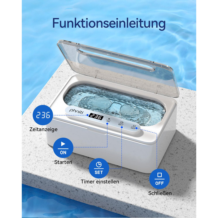 Ультразвуковий очисник Phniti 47 кГц: для окулярів, ювелірних виробів, зубних протезів. 3 режими, портативний, 330 мл, білий