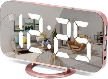 Цифровий годинник-дзеркало SZELAM з LED-дисплеєм 7 дюймів, 2 USB-порти для зарядки, функція відкладання, автоматичне регулювання яскравості, годинник для дому (рожеве золото)