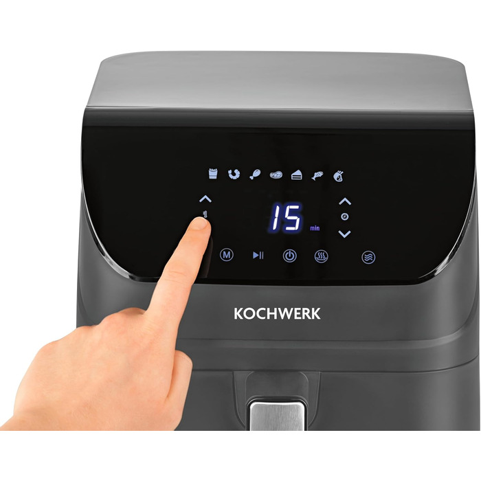 Фритюрниця повітряна RACHS KOCHWERK Vario-Doppelkammer 9 л з роздільною камерою, сенсорним екраном та 8 програмами | Без олії, для здорового харчування, 2700 Вт, Smart-Cook функція (Сірий, 4 літри)