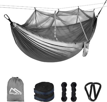 Гамак для кемпінгу MSports Premium Ultraleicht з москітною сіткою | Максимальне навантаження 250 кг, дихаючий матеріал (срібно-сірий)