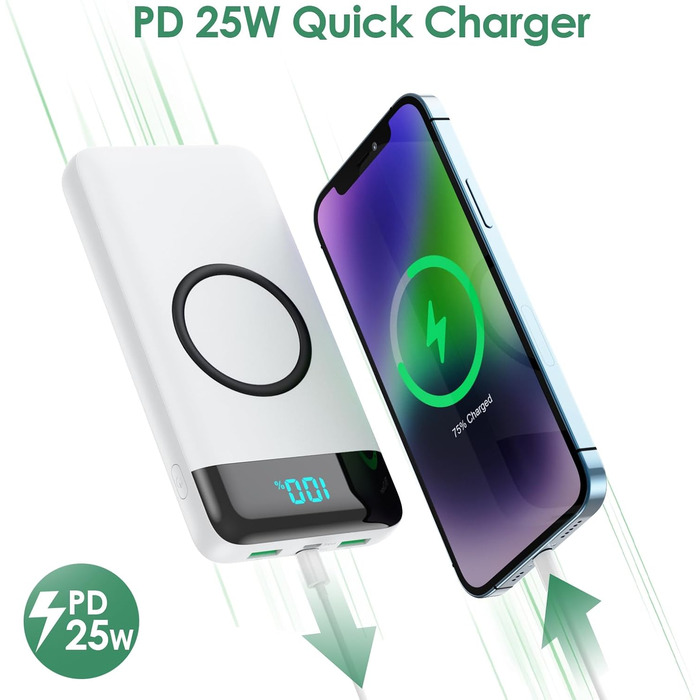Бездротовий Power Bank 26800mAh 25W PD 3.0 + QC 4.0, зовнішній акумулятор з LCD-дисплеєм та підтримкою швидкої зарядки 15W, 4 USB виходи для iPhone, Samsung, Huawei, Oppo — Білий, Слім