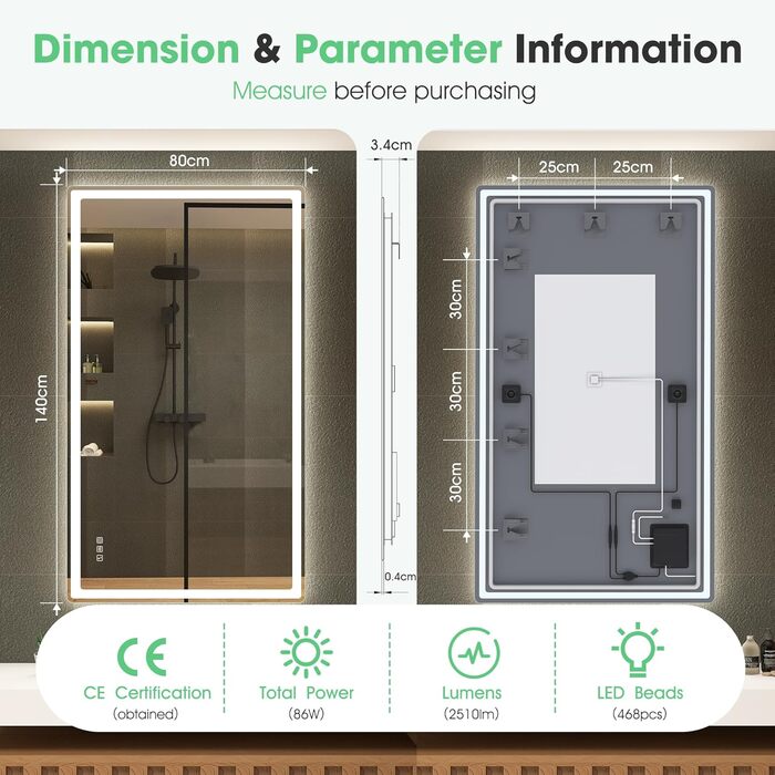 Дзеркало для ванної кімнати S'bagno з підсвічуванням 100x70 см, LED, з полицею, антизапар, 3000K/4000K/6500K, регулювання яскравості, HD-загартоване скло, IP44, горизонтальне/вертикальне встановлення (M55 Bluetooth)