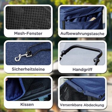 PawHut Легкий візок для собак та котів з алюмінію, склавний, з подушкою, сіткою, дверима та кошиком для зберігання (Блакитний)