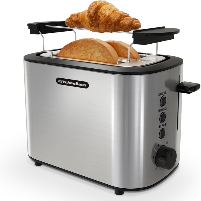 KitchenBoss 2-Slice Toaster: Toaster with bun rack and crumb tray, 6 browning levels, stainless steel toaster with automatic shut-off, defrost function, and reheat function, 870W