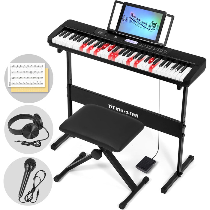 MUSTAR 61-клавішна клавіатура-піаніно для початківців, цифрова клавіатура з підсвічуванням, динаміками, стійкою, табуретом, навушниками, мікрофоном, підставкою для нот, 300 звуками та уроками музики (Чорний)