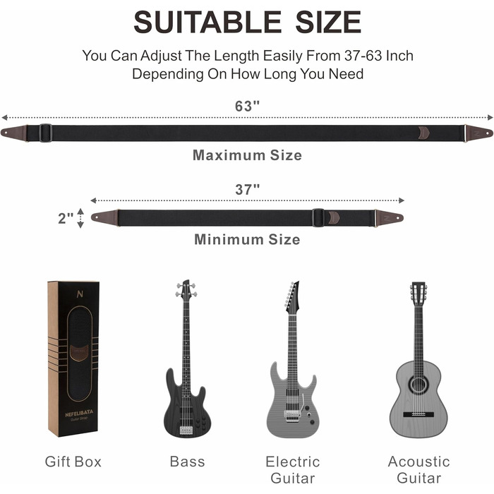 Гітарний ремінь Nefelibata з кишенькою для медіаторів, шкіряні кінці, для бас, електро- та акустичної гітари, з безкоштовними фіксаторами, 1 пара замків та 4 медіатори, чорний