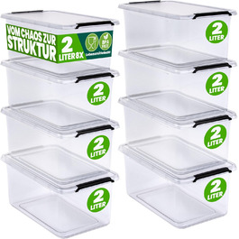 Deuba® 10x Storage Box with Lid - Plastic Boxes, Food Safe, BPA Free, Small, Snap Closure, Transparent, Stackable, Kitchen, Bedroom (2L, 8-Piece Set)