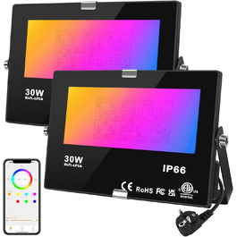 DUSKTEC LED Floodlights Outdoor RGB, Colorful Floodlight 80W, Dimmable Outdoor Floodlight with APP, Outdoor Bluetooth Floodlight with Plug, Color Changing Warm White, Tree Spotlight IP66 Waterproof for Garden (30 Watts, 2)