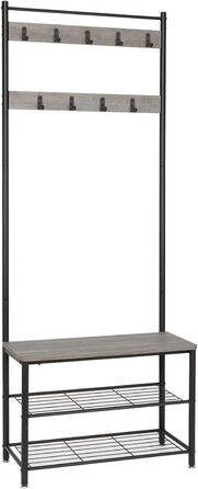 Mondeer Coat Rack, Shoe Rack with Coat Rack, 3 Shelves and 9 Removable Hooks, Industrial Design, Made of Metal and Wood, 70 x 32 x 175 cm, for Entryway, (Gray)