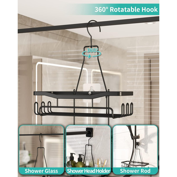HapiRm Shower Shelf to Hang with Razor Holder & Soap Holder, Hanging Shower Shelf with Multiple Hooks - High-Quality Hanging Shower Basket Stainless Steel No Drilling, Black