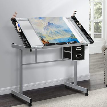 Adjustable Art Desk with Storage - Tiltable Drafting Table with Wheels - Multi-Purpose Craft Station