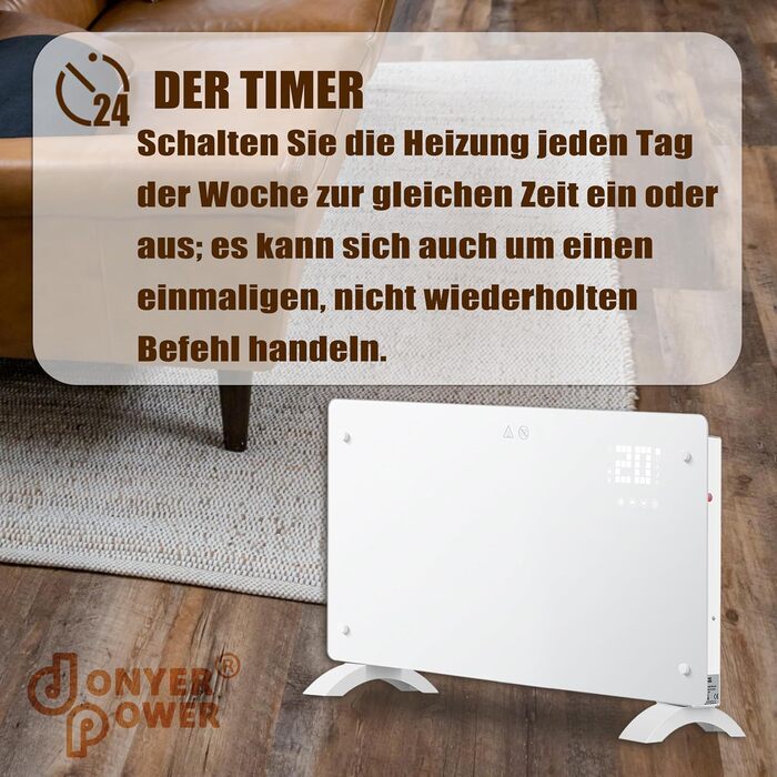 Конвектор опалення DONYER POWER 2500W з Wi-Fi, 24H таймер, дистанційне керування, скло (1.5kW, білий)