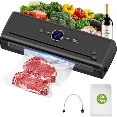 Вакуумний пакувальник KLGFI 7-в-1: професійний апарат для пакування продуктів з подвійною зварювальною швом, з нарізкою та цифровим лічильником. У комплекті 50 вакуумних пакетів. Чорний колір.