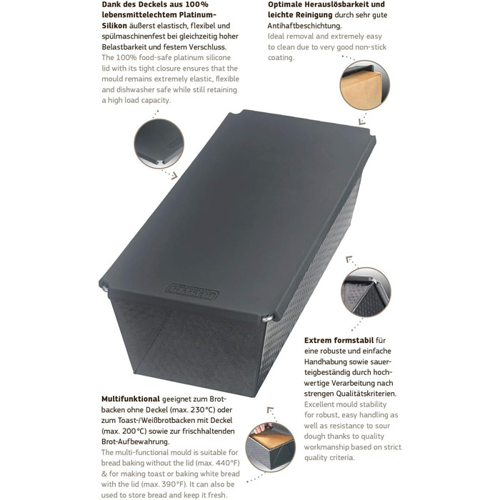 ORIGINAL KAISER Kaiser Inspiration Loaf Pan with Silicone Lid, Rectangular Baking Tin, Non-Stick Coated for Baking and Storage, 32x 15 x 19 cm, Alloy Steel, Grey, 35 x 14 x 9 cm, 5