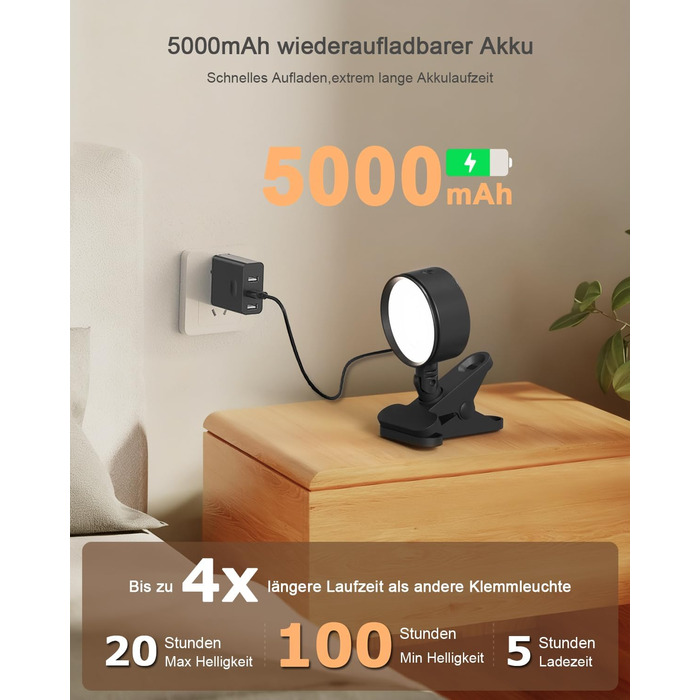 Нічник на ліжко акумуляторний бездротовий з USB-C, 5000mAh, з кліпсою, димуючий сенсорний пульт, 3 кольори, поворотний на 360°, для спальні, кемпінгу, чорний