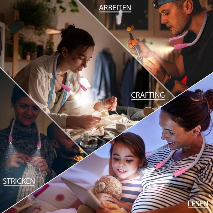 Ліхтар на шию LUXJET LED для читання, в'язання, ремонту – акумуляторний, 3 кольори, регульована яскравість (Рожевий)