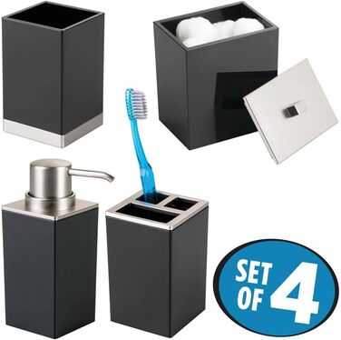 mDesign Plastic Bathroom Storage Jars, Vanity Decor Accessories, Countertop Organizer, Soap Dispenser, Toothbrush Holder, Lumiere Collection, 4-Piece Set – Black/Brushed
