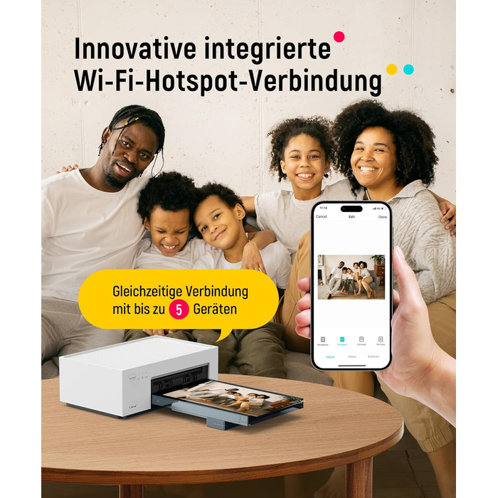 Портативний фотодрук для смартфонів Liene (10x15 см) + 2 пачки фотопаперу (20+80 аркушів), WiFi, сумісний з iPhone/Android/PC, 300 DPI, кольорова сублімація, білий