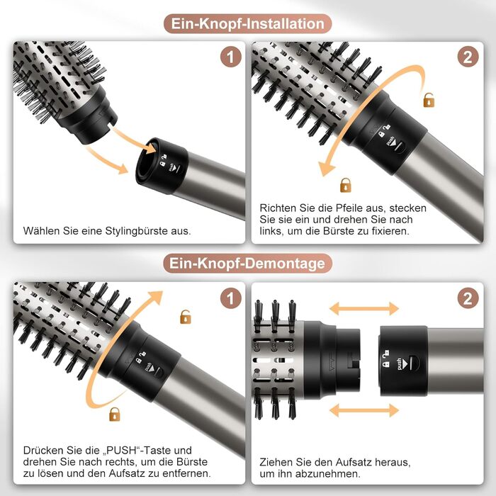 7MAGIC Airstyler 6-в-1: фен-щітка, плойка, завивка, іонізація, для волосся, подорожей, сріблястий