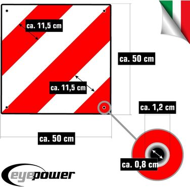 Відбивна попереджувальна табличка EYEPOWER 50x50 см, червоно-біла, для Італії та Іспанії, B-класу