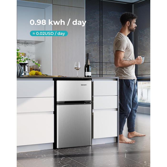 EUHOMY Міні холодильник 46L, компактний холодильник з регулюванням температури, тихий (38dB), енергоефективний для спальні, офісу, сріблястого та чорного кольорів
