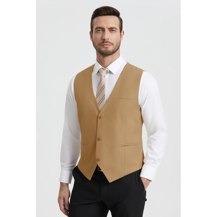 Жилет чоловічий HISDERN формальний елегантний бавовняний однотонний V-подібний виріз з кишенями для весілля, вечірки, бізнесу (S, Хакі)