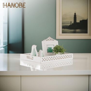 Hanobe Serving Tray Wooden Tray Decor Tray: Rectangular farmhouse decor tray wood white with handle white candle tray for coffee table tealight kitchen table
