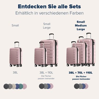 Набір валіз TRVLMORE 3 в 1: маленька, середня, велика, сірий колір, з рожевим золотом, з жорсткою оболонкою, 55x40x20 см (ручна поклажа)