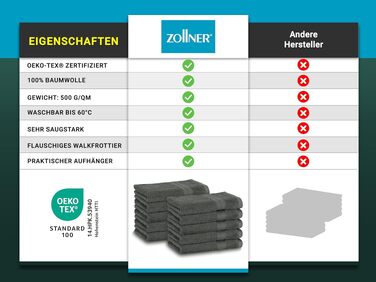 Набір гостьових рушників ZOLLNER, 30x50 см, 10 шт, бавовняні, гігроскопічні та м'які, антрацит (готельна якість)