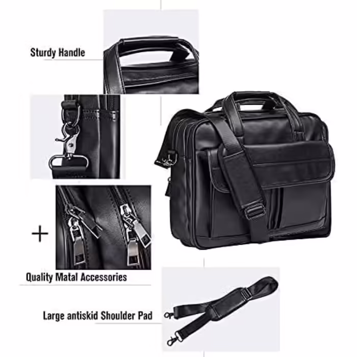 Seyfocnia Courier Bag, Travel Bag, Briefcase, Leather, Handmade, Laptop Bag, Black, 17.3 inches