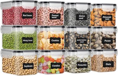 12 контейнерів для зберігання продуктів, герметичні, BPA-free, PP, з замком, 0.8л (Чорний) + 32 етикетки та маркер