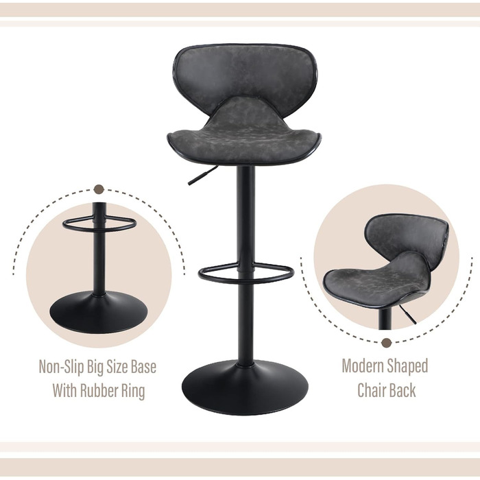 ALPHA HOME 2-Piece Bar Stool Set with Backrest and Footrest - Adjustable Swivel Gas Lift PU Leather Kitchen Bar Stools for Counter, Kitchen & Home (Gray)