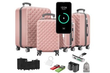 Преміум набір валіз 4 шт. – жорсткі валізи з TSA-замком, USB-порт – плюс ваги для валіз, ремені, адресники, тримач для напоїв, чохол для взуття, захисні чохли (рожеве золото)