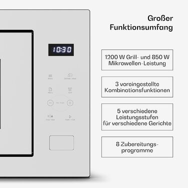 Вбудована мікрохвильова піч Klarstein Velaire 60 см з грилем – 25L, 850W, 8 програм, сенсорне управління, нержавіюча сталь, таймер, білий колір