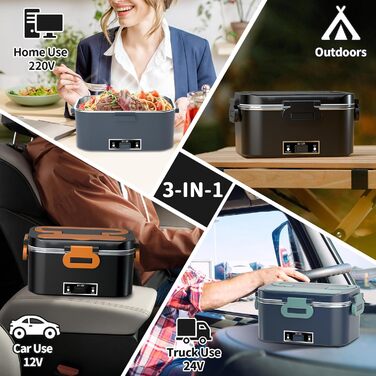 Електрична ланчбокс SOOOEC 100W, 3-в-1, з нержавіючої сталі, 12V/24V/220V, для авто/офісу, з ізольованою сумкою (Оранжево-чорний), об'єм 1.8L