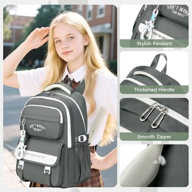 Шкільний рюкзак Tanou для дівчаток, 4-12 клас, водонепроникний, сірий