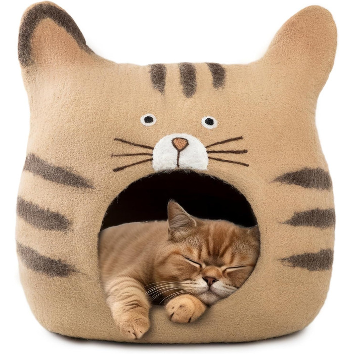 Вуликова хатинка для кота, ручної роботи, з 100% Merino wool, екологічна фетрова хатинка для котів та кошенят (Rainbow Twist) (Обличчя кота - Коричневе, L)