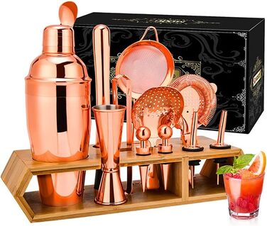 Набір для коктейлів Hansum, 18 предметів, нержавіюча сталь, рожеве золото, з дерев'яною підставкою для бармена